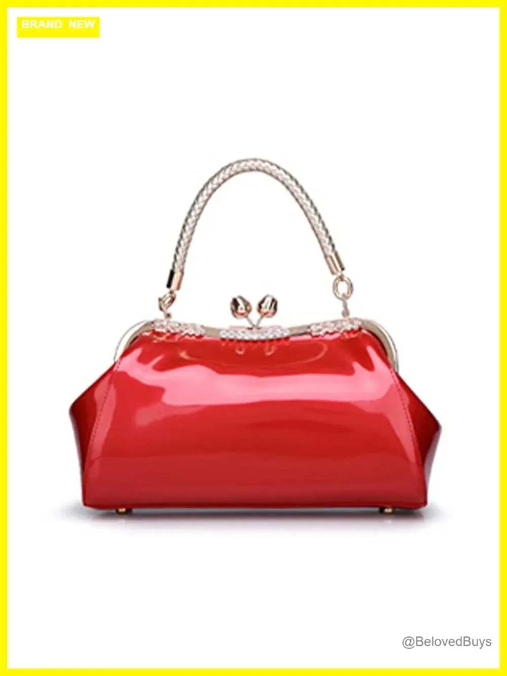 Glossy Faux Patent Leather Kiss Lock Top Handle Satchel Crossbody Bag